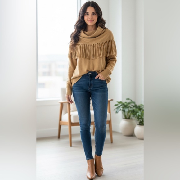 Michael Kors Tan Fringe Cowl Neck Sweater size Large PtP 21” - Picture 2 of 8